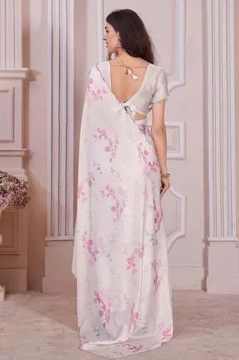 off white & pink color pure satin digital print saree