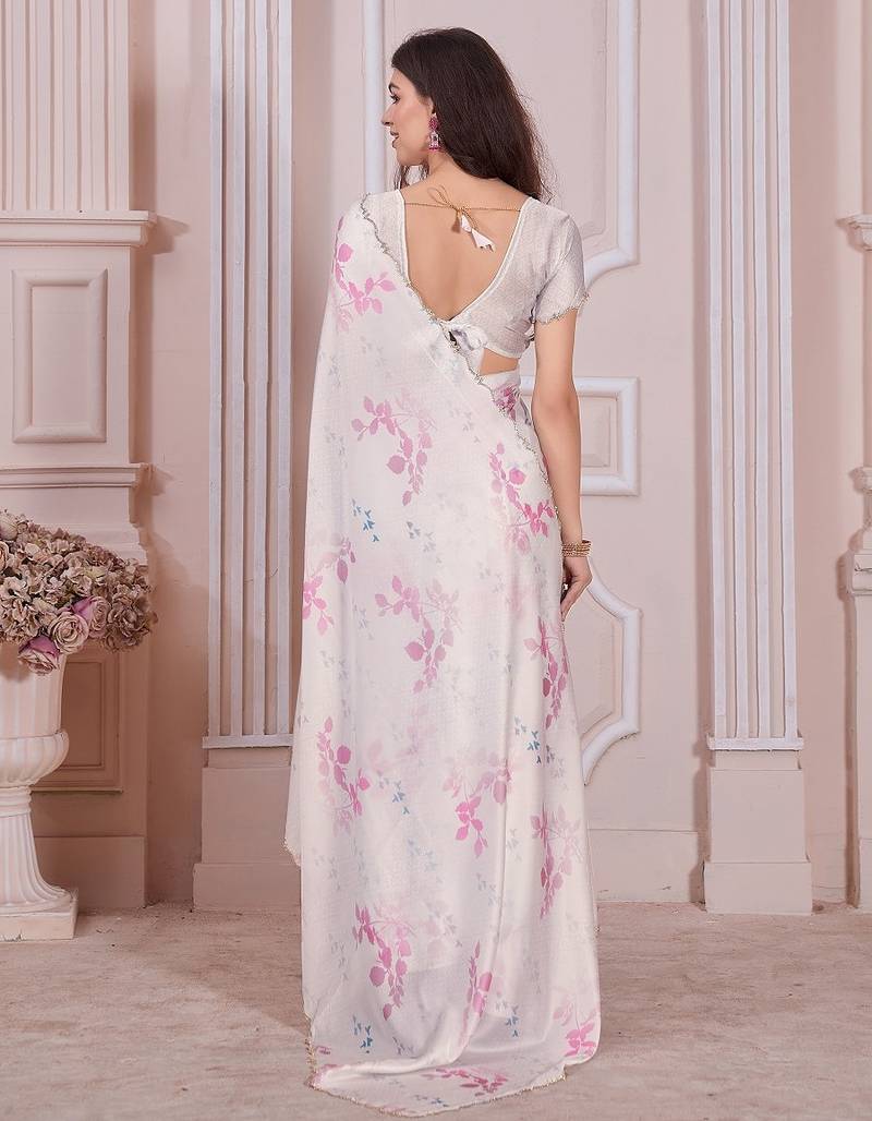 off white & pink color pure satin digital print saree