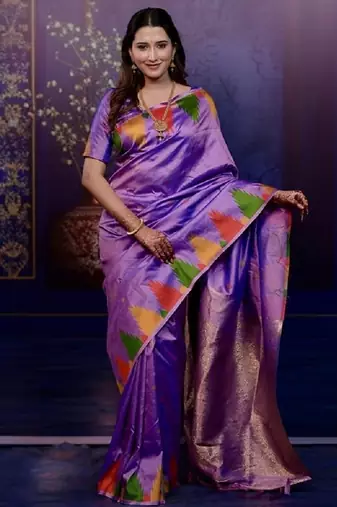 levender color temple woven work soft art silk saree