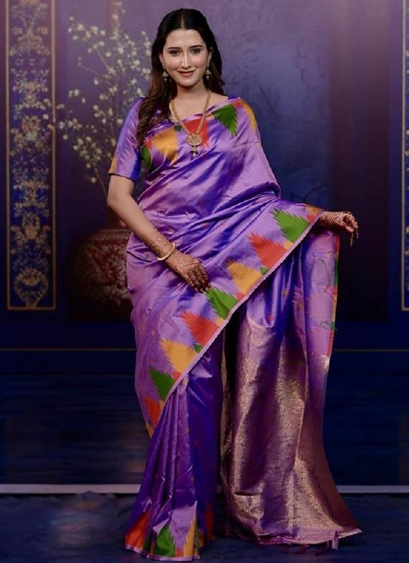 levender color temple woven work soft art silk saree