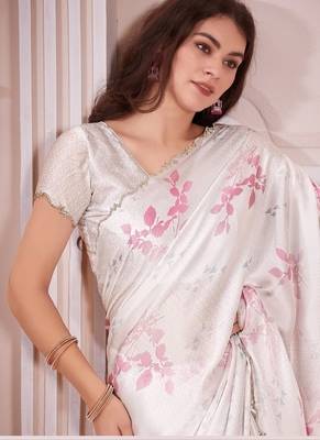 off white & pink color pure satin digital print saree 5