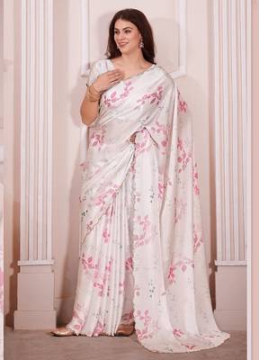 off white & pink color pure satin digital print saree 1