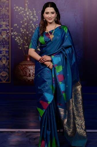 rama blue color temple woven work soft art silk saree
