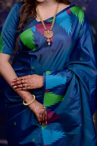 rama blue color temple woven work soft art silk blend saree
