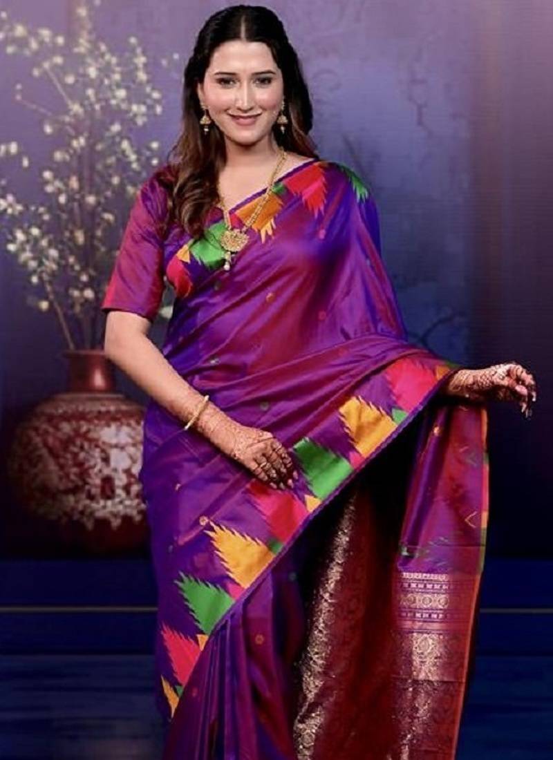 purple color temple woven work soft art silk saree