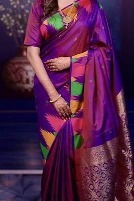 purple color temple woven work soft art silk blend saree 3