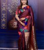 maroon color temple woven work soft art silk saree
