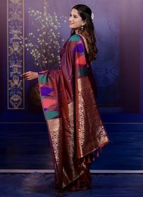 maroon color temple woven work soft art silk blend saree 3