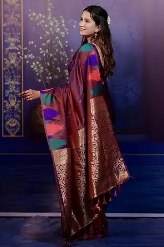 maroon color temple woven work soft art silk blend saree