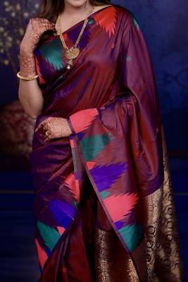 maroon color temple woven work soft art silk blend saree 4