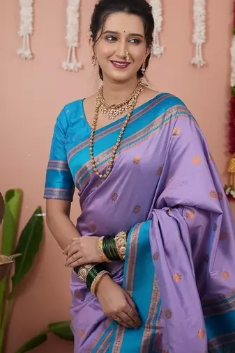 levender color narayani woven border zari work soft silk blend saree