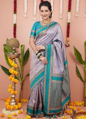 grey color narayani woven border zari work soft silk blend saree 1