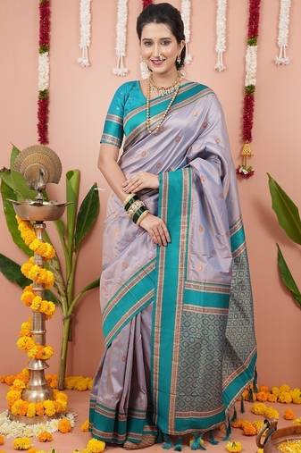 grey color narayani woven border zari work soft silk blend saree