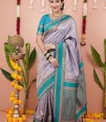 grey color narayani woven border zari work soft silk blend saree