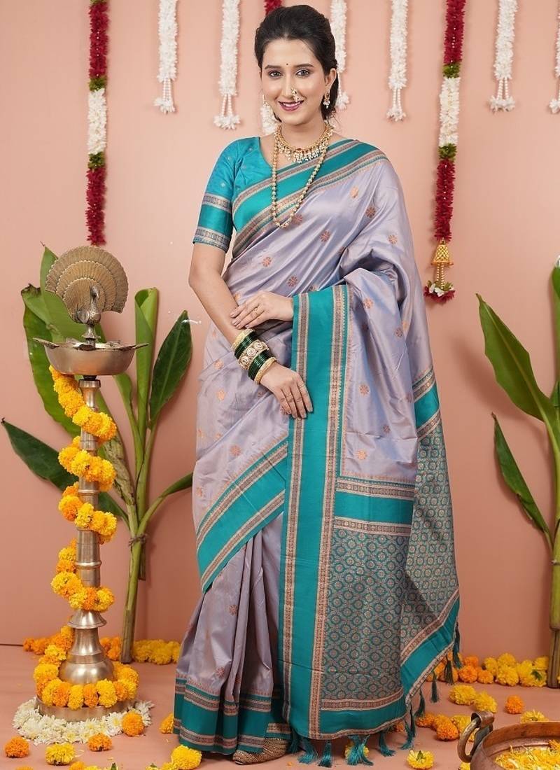 grey color narayani woven border zari work soft silk blend saree