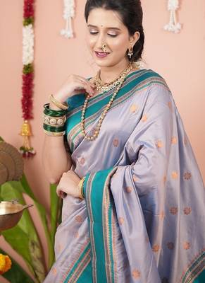 grey color narayani woven border zari work soft silk blend saree 2