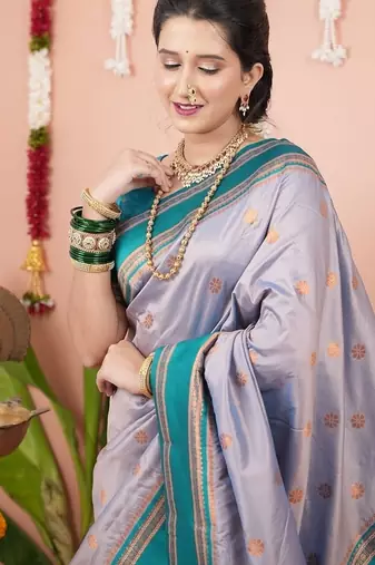 grey color narayani woven border zari work soft silk blend saree