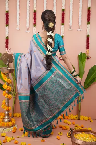 grey color narayani woven border zari work soft silk blend saree