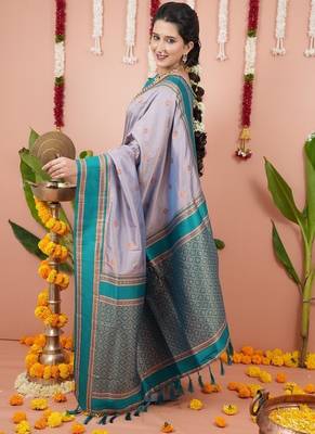 grey color narayani woven border zari work soft silk blend saree 4