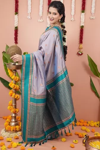 grey color narayani woven border zari work soft silk blend saree