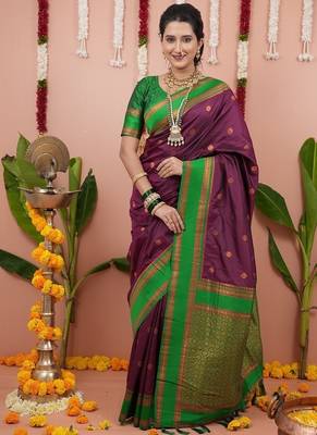 purple color narayani woven border zari work soft silk blend saree 1