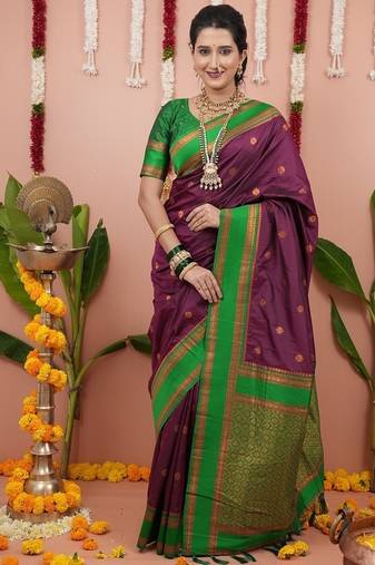 purple color narayani woven border zari work soft silk blend saree