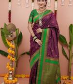 purple color narayani woven border zari work soft silk blend saree
