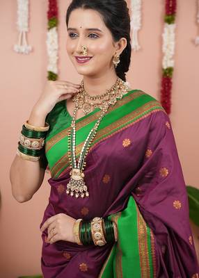 purple color narayani woven border zari work soft silk blend saree 2