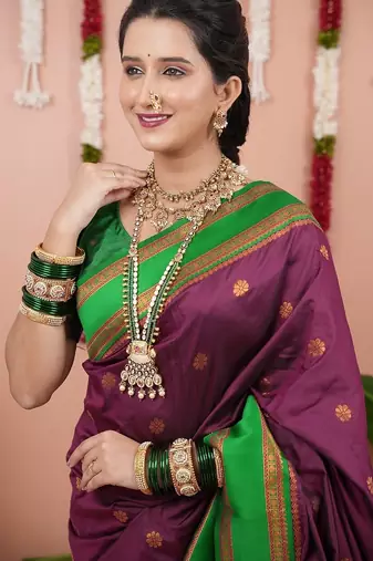 purple color narayani woven border zari work soft silk blend saree