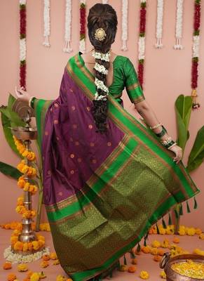 purple color narayani woven border zari work soft silk blend saree 3