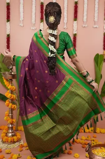 purple color narayani woven border zari work soft silk blend saree