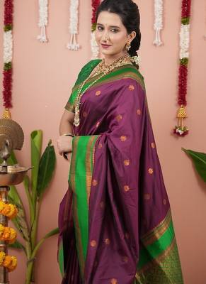 purple color narayani woven border zari work soft silk blend saree 4