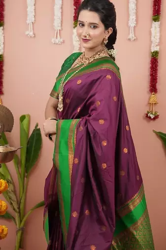 purple color narayani woven border zari work soft silk blend saree