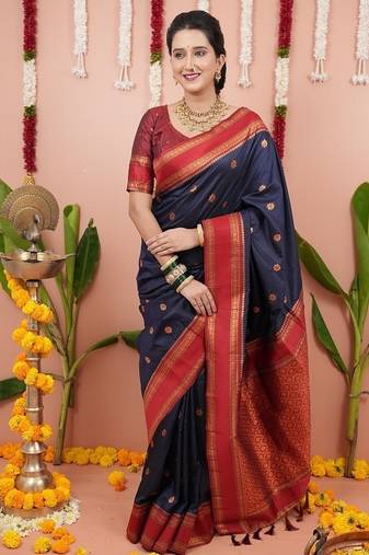 navy color narayani woven border zari work soft silk blend saree