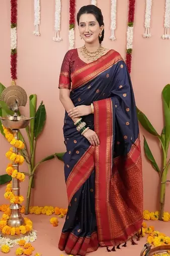 navy color narayani woven border zari work soft silk blend saree