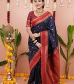 navy color narayani woven border zari work soft silk blend saree