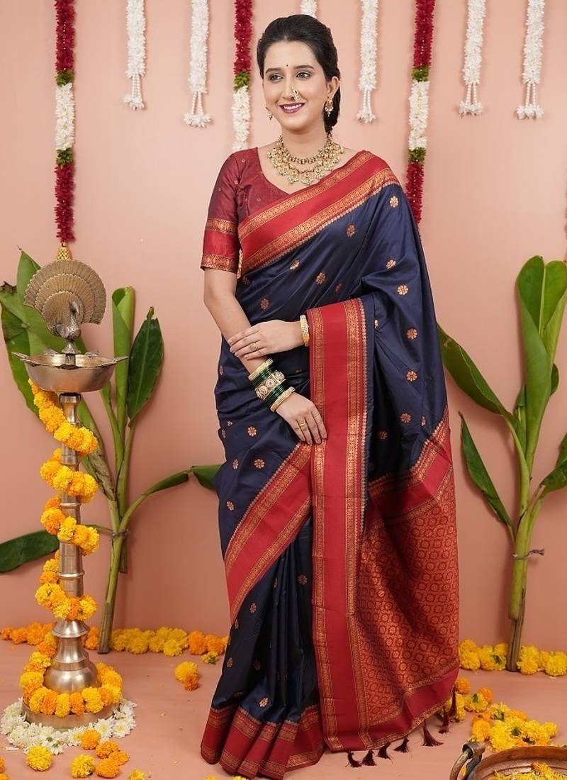 navy color narayani woven border zari work soft silk blend saree