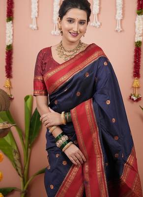 navy color narayani woven border zari work soft silk blend saree 2