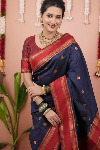 navy color narayani woven border zari work soft silk blend saree
