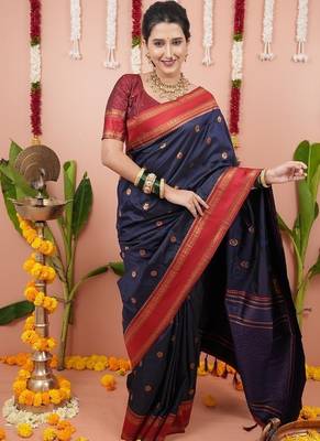 navy color narayani woven border zari work soft silk blend saree 4