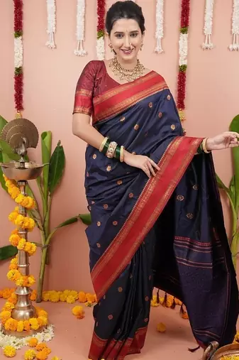 navy color narayani woven border zari work soft silk blend saree
