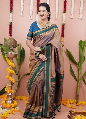 beige color narayani woven border zari work soft silk blend saree 1
