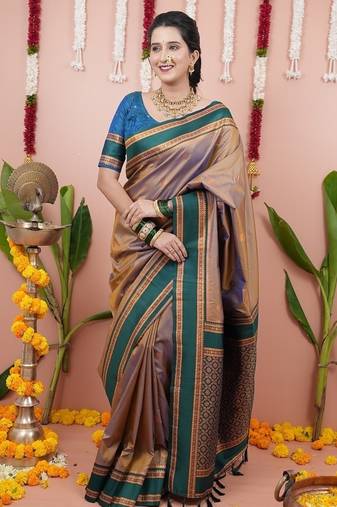beige color narayani woven border zari work soft silk blend saree