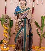 beige color narayani woven border zari work soft silk blend saree