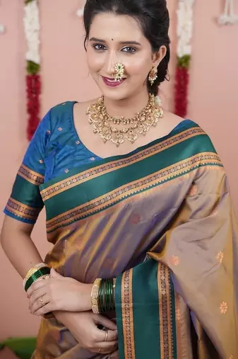 beige color narayani woven border zari work soft silk blend saree