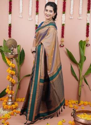 beige color narayani woven border zari work soft silk blend saree 3