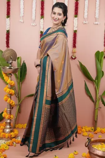 beige color narayani woven border zari work soft silk blend saree
