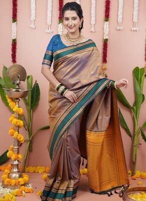 beige color narayani woven border zari work soft silk blend saree 4