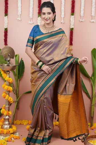 beige color narayani woven border zari work soft silk blend saree