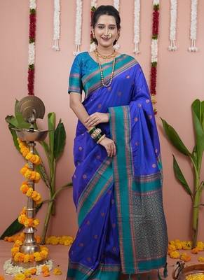 royal blue color narayani woven border zari work soft silk blend saree 1